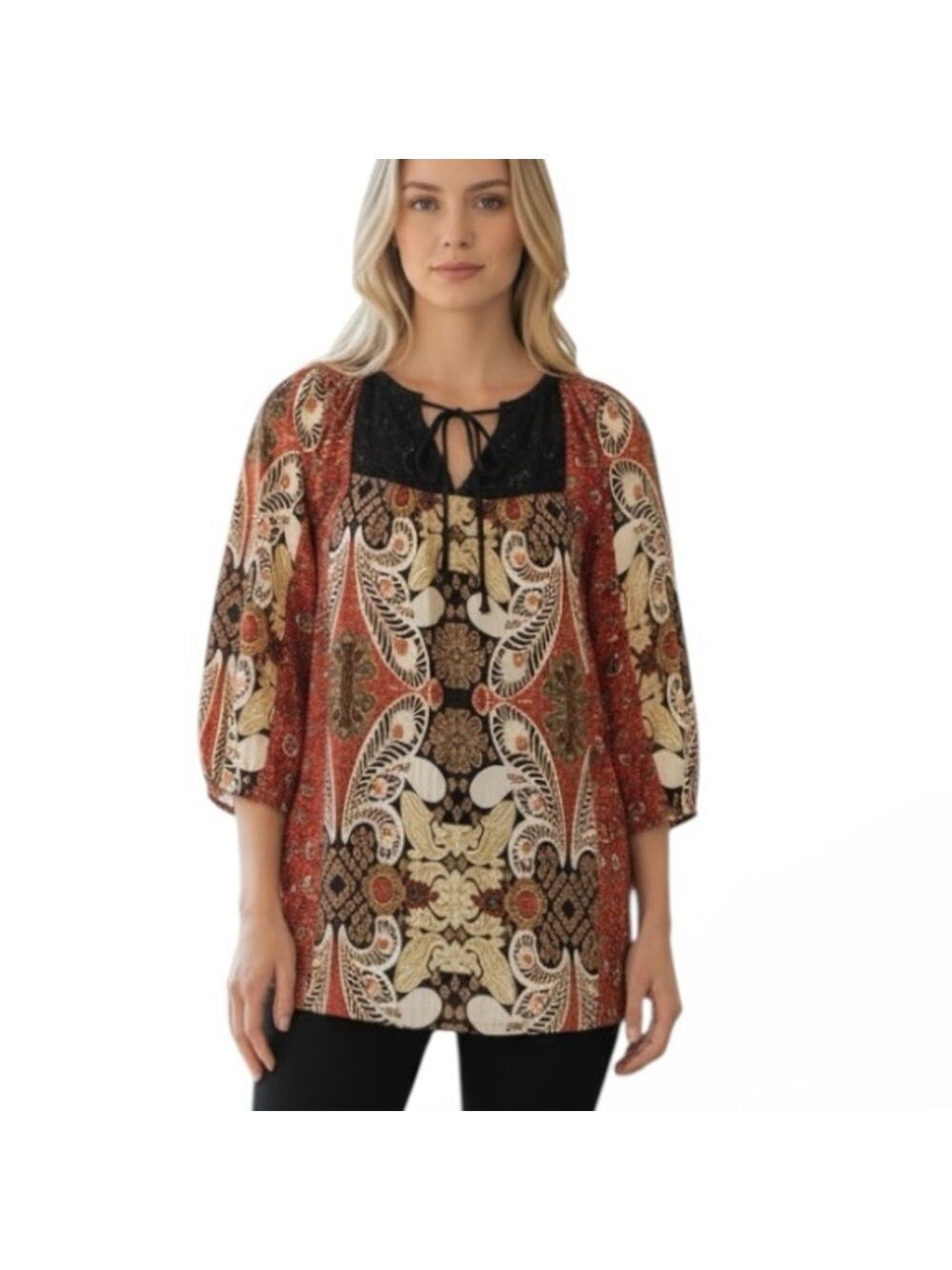 Figueroa & Flower Shirt Women’s  Floral Sheer Hi Low Hem 3/4 Sleeve Lace Trim XL